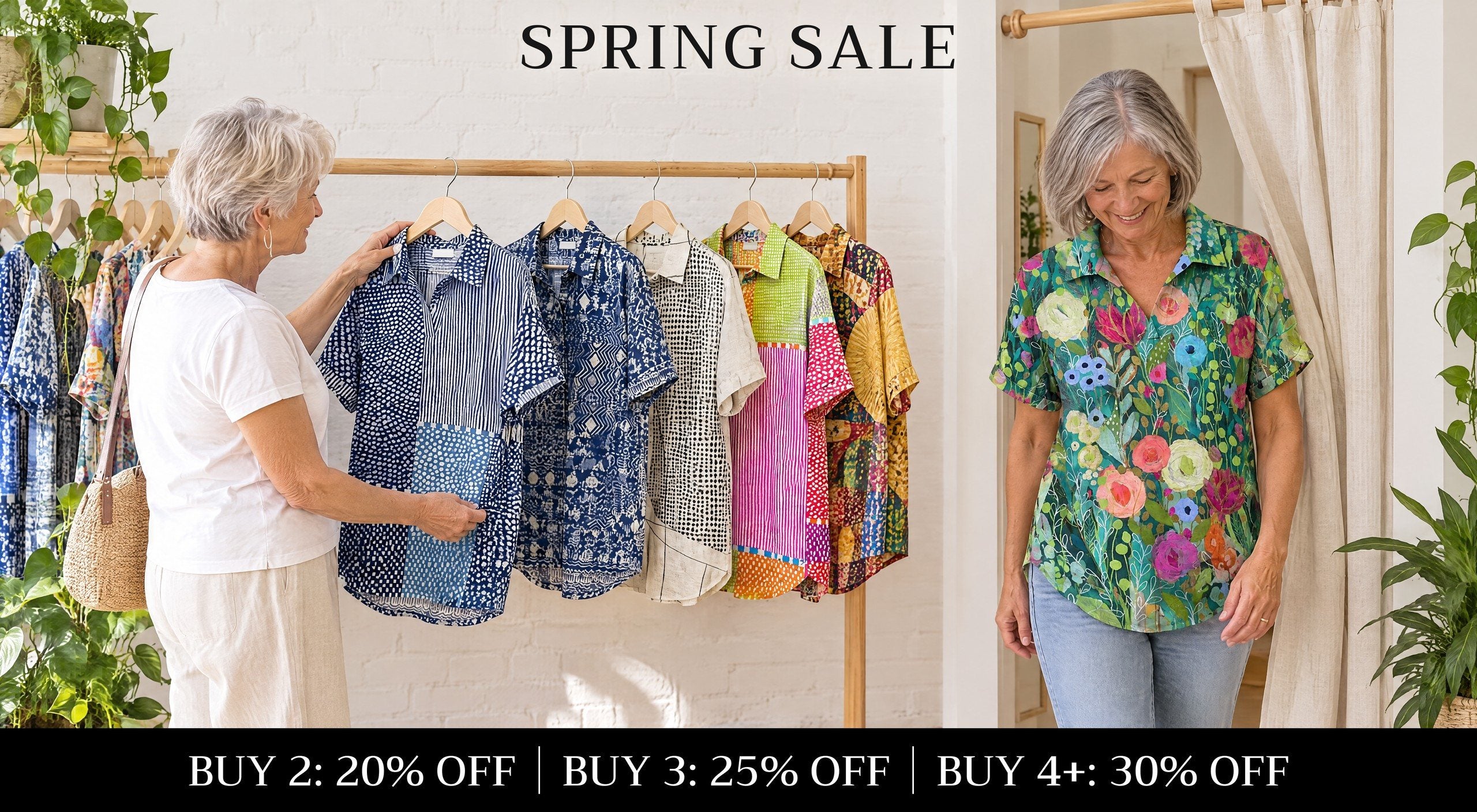 Spring sale on collared tops: buy 2 get 20% off, buy 3 get 25% off, buy 4 or more get 30% off