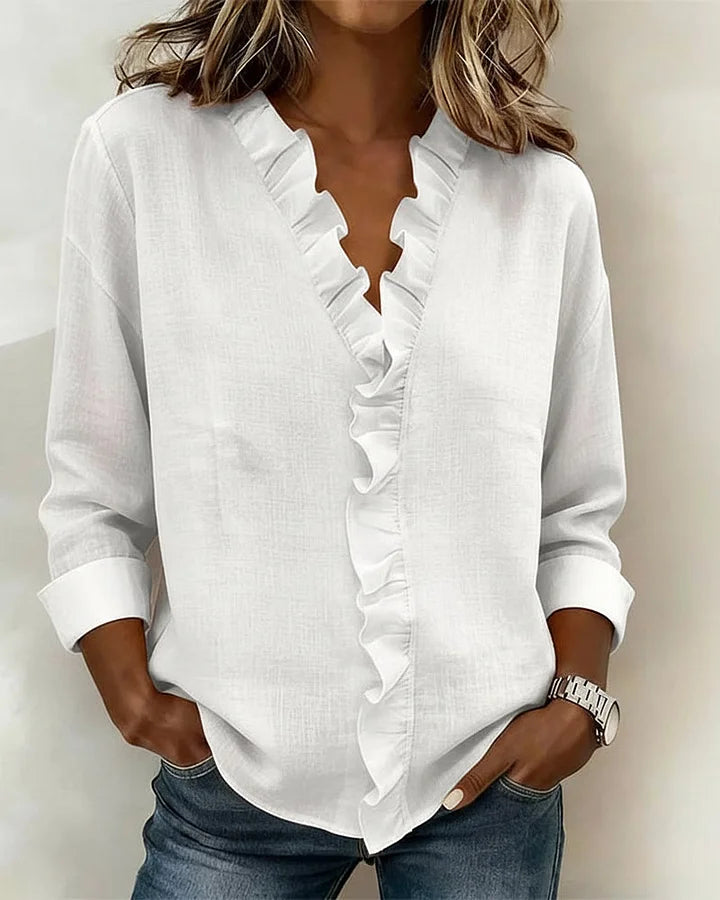 Gillian | Blouse with Ruffles, V-Neck and Long Sleeves