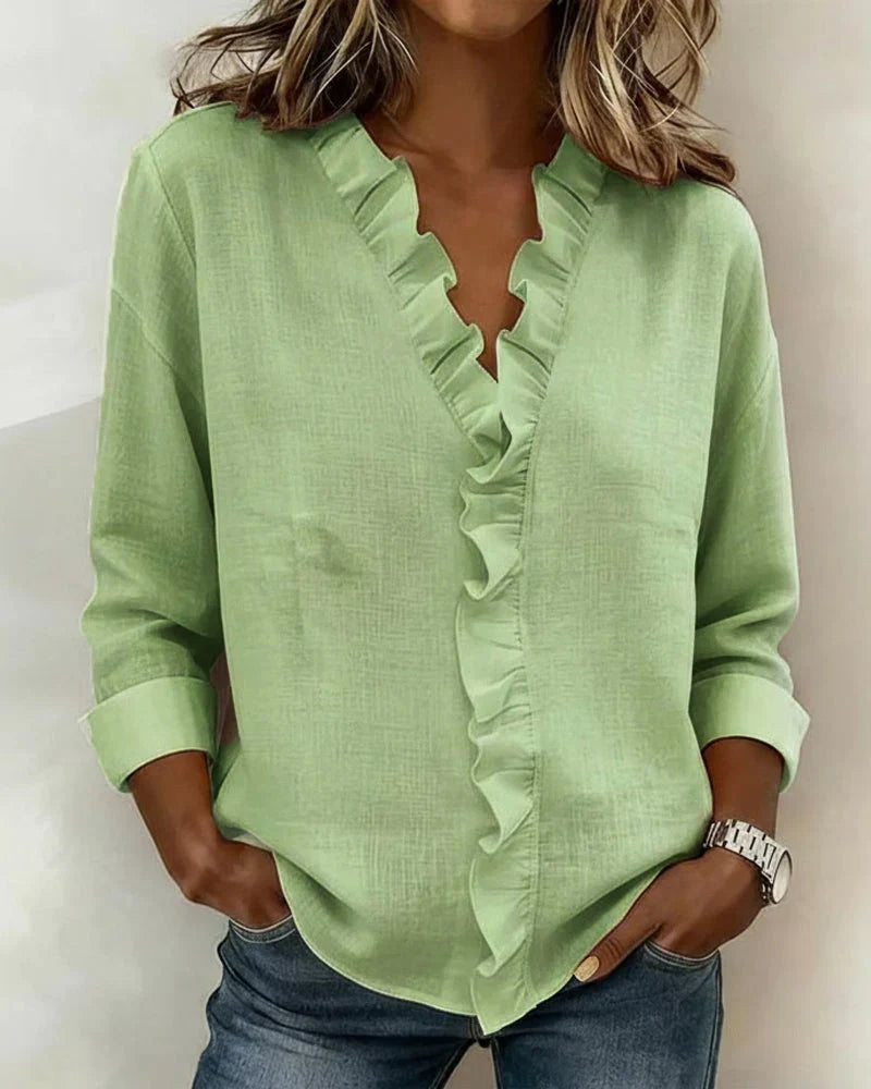 Gillian | Blouse with Ruffles, V-Neck and Long Sleeves