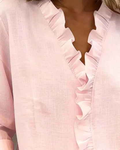 Gillian | Blouse with Ruffles, V-Neck and Long Sleeves
