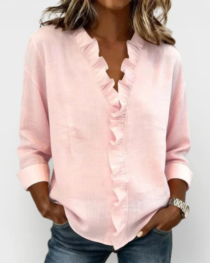 Gillian | Blouse with Ruffles, V-Neck and Long Sleeves