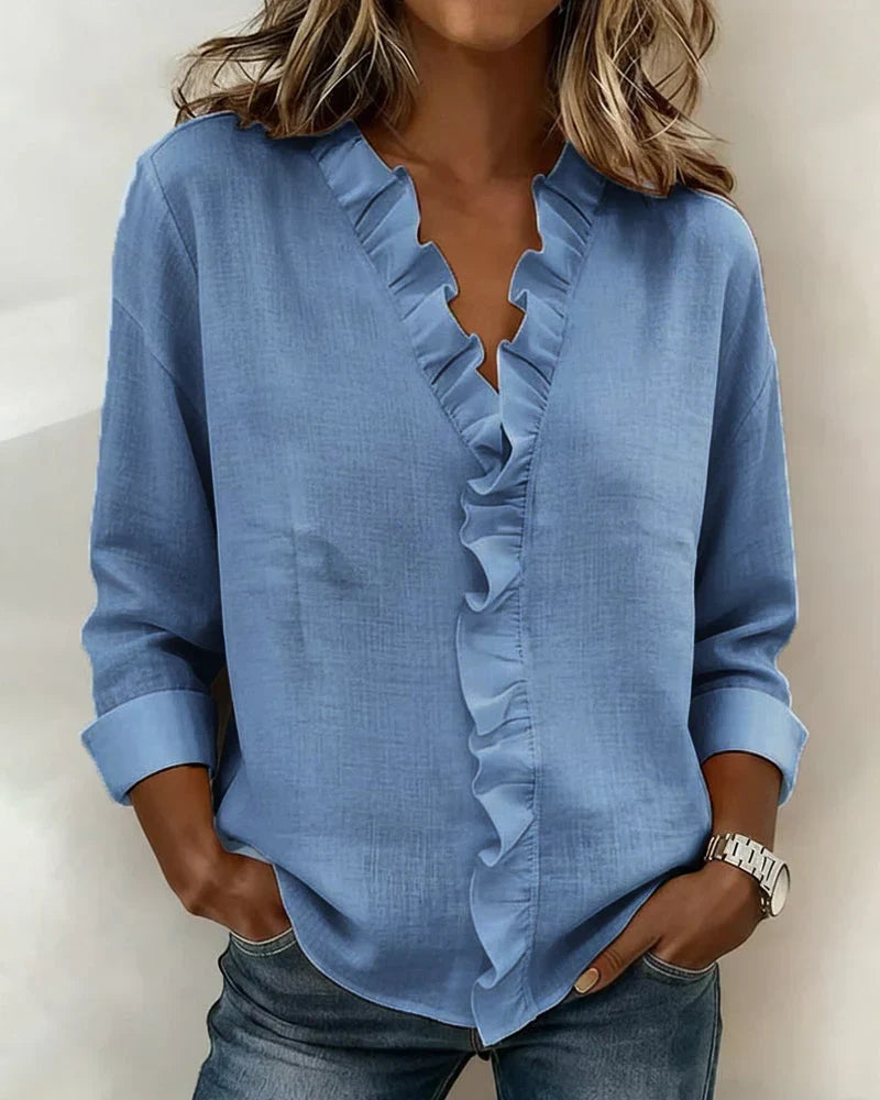 Gillian | Blouse with Ruffles, V-Neck and Long Sleeves