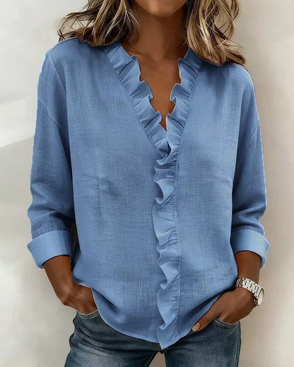 Gillian | Blouse with Ruffles, V-Neck and Long Sleeves