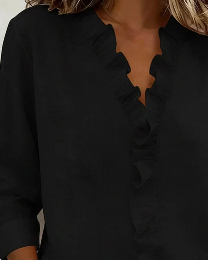 Gillian | Blouse with Ruffles, V-Neck and Long Sleeves